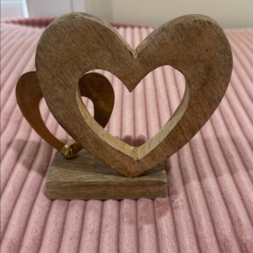 Wooden Heart Duo Decor - Natural Wood & Gold Accent - Picture 2 of 3